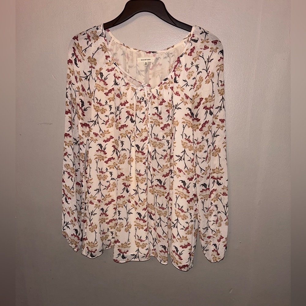 Max Studio Shirt - Cream Red Tan Autumn Inspired Long Sleeve Relaxed Blouse